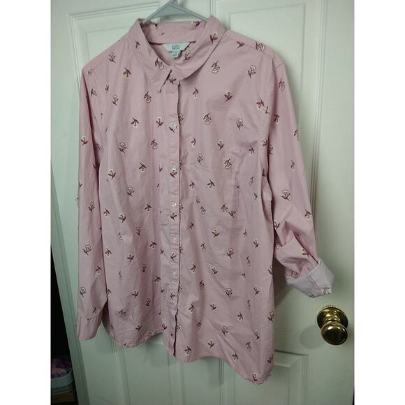 Croft&Barrow Woman 2X Shirt Pink Yellow Floral Collared Button Roll Tab Sleeve - Picture 2 of 10
